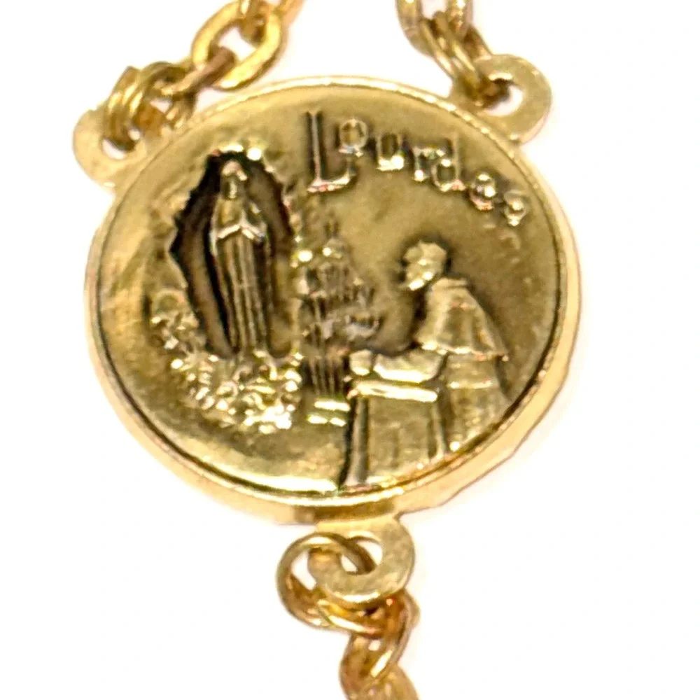 Vintage Wood Bead Rosary Gold Tone Lourdes Medal Crucifix Religious Necklace 24